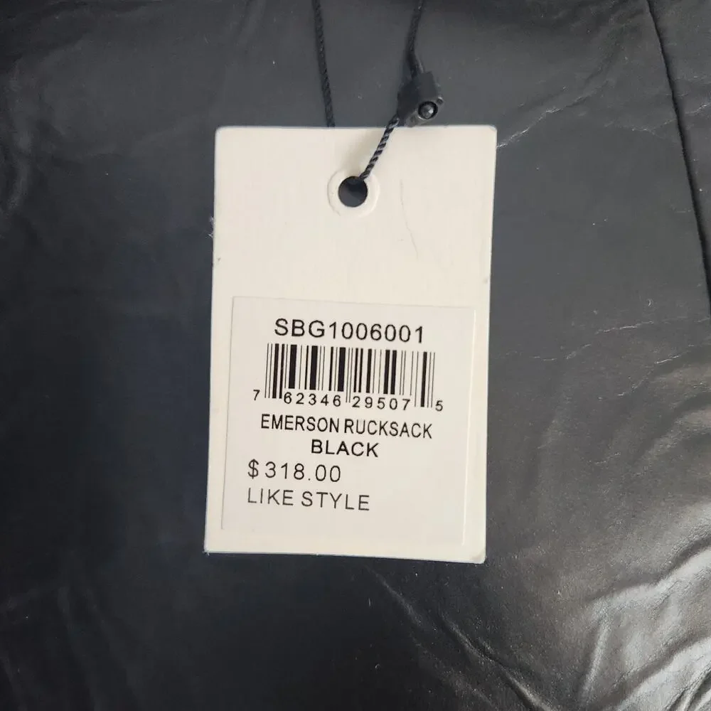 NWT Fossil Rucksack Black Emerson Leather Woven Canvas Straps Tassel Drawstring